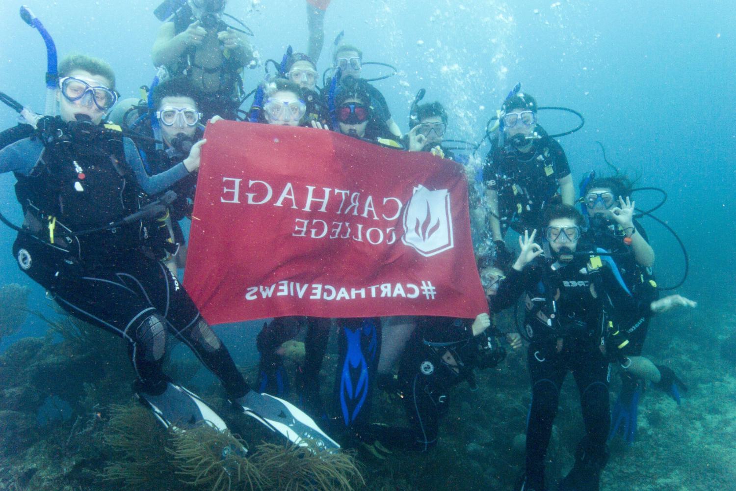 学生们手持<a href='http://pie.hzgzc.net'>bv伟德ios下载</a>旗帜，在j学期洪都拉斯游学之旅中潜水.